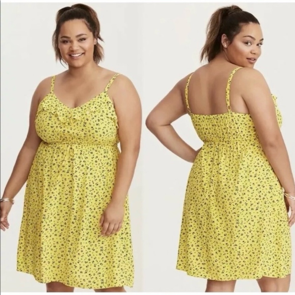 Torrid Mustard Yellow Floral Challis Ruffle V Neck Sleeveless Dress Size 1X - Picture 3 of 10